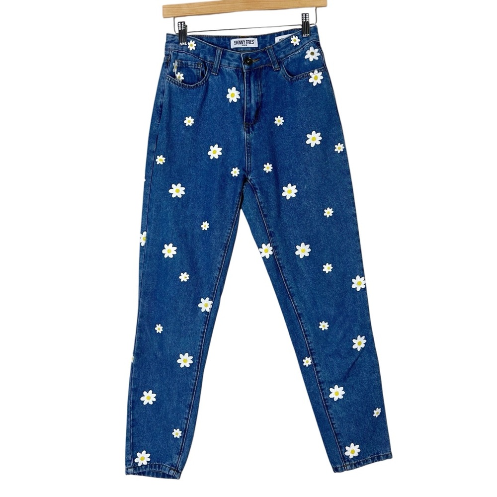 Skinny Fries Mom Jeans Juniors 1 Dark Wash Daisy Print Floral 90s Quirky Retro